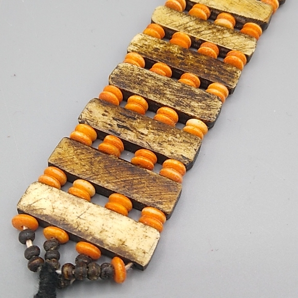 Handmade Engraved Wood & Bead Wide Cuff Bracelet with Black Cord Button Closure - Picture 9 of 12